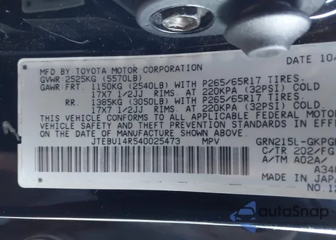 2004 Toyota 4Runner Sr5 V6 from USA, damaged, VIN JTEBU14R540025473